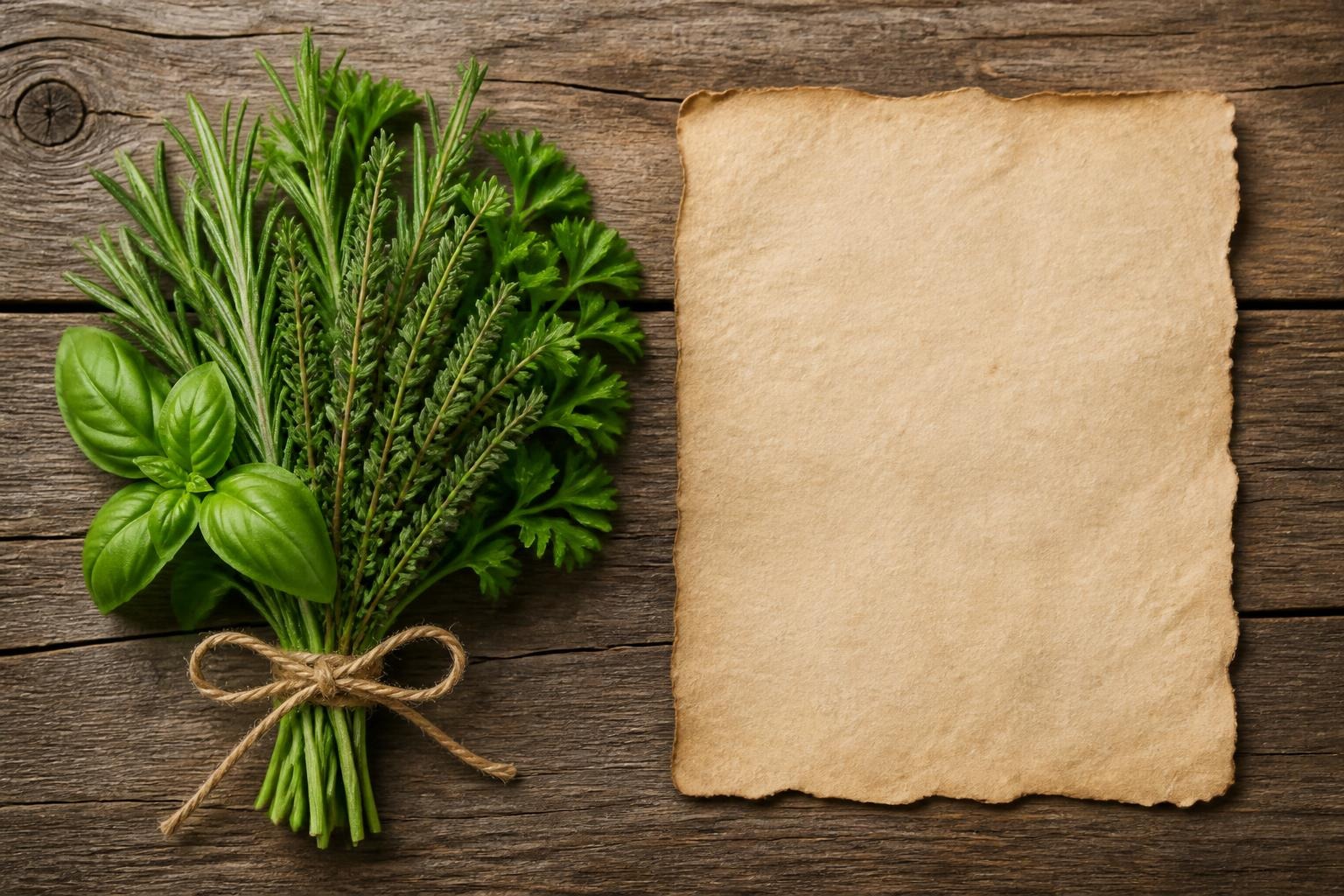 Fresh herb bundle tied with twine on wood next to blank parchment paper