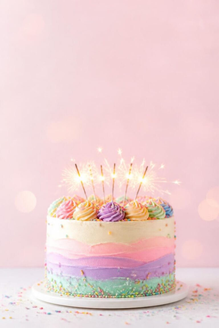 Birthday cake with pastel frosting layers, colorful swirled icing on top, and lit sparklers against a pink background.