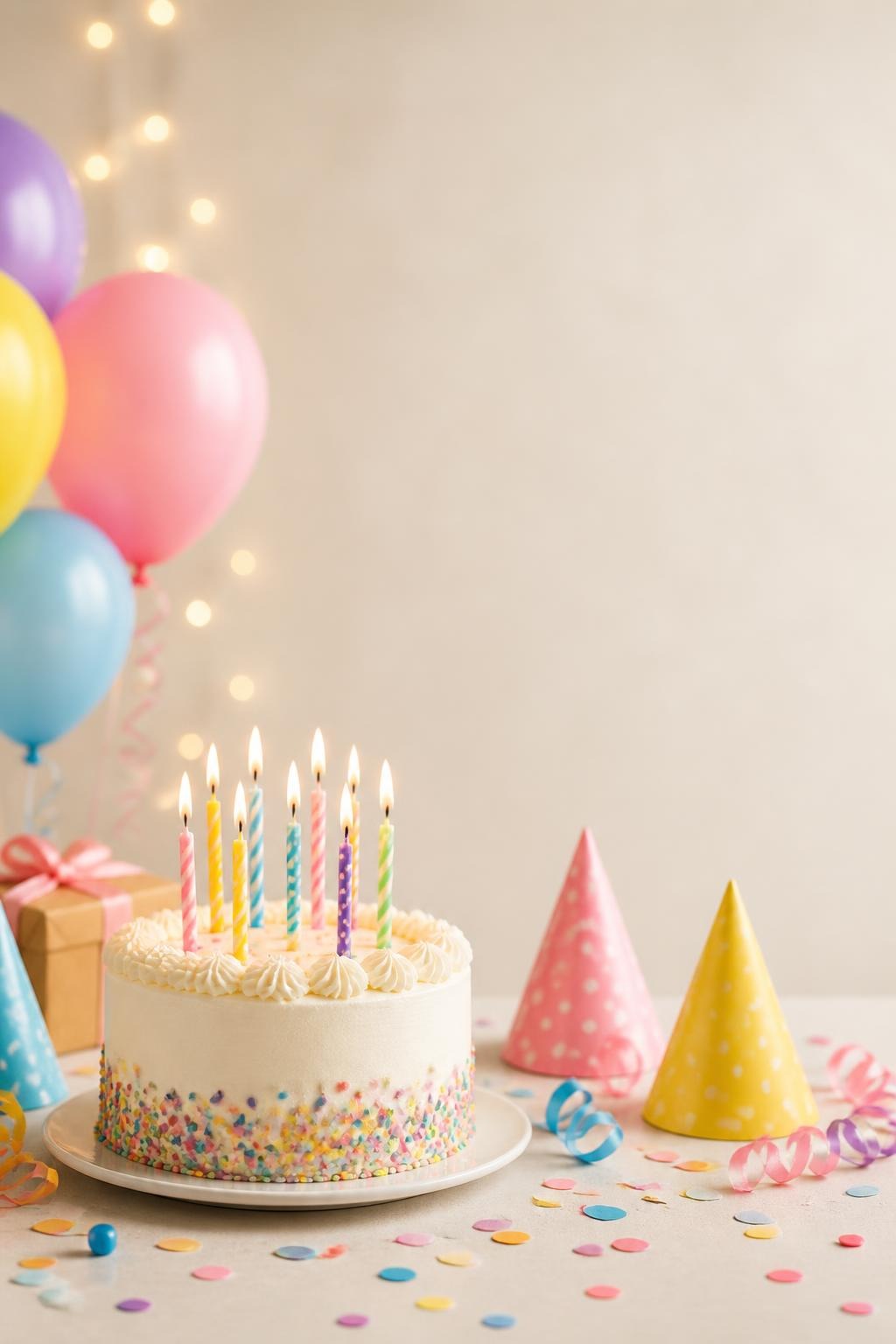 White birthday cake with lit colorful candles and surrounding party decorations on table
