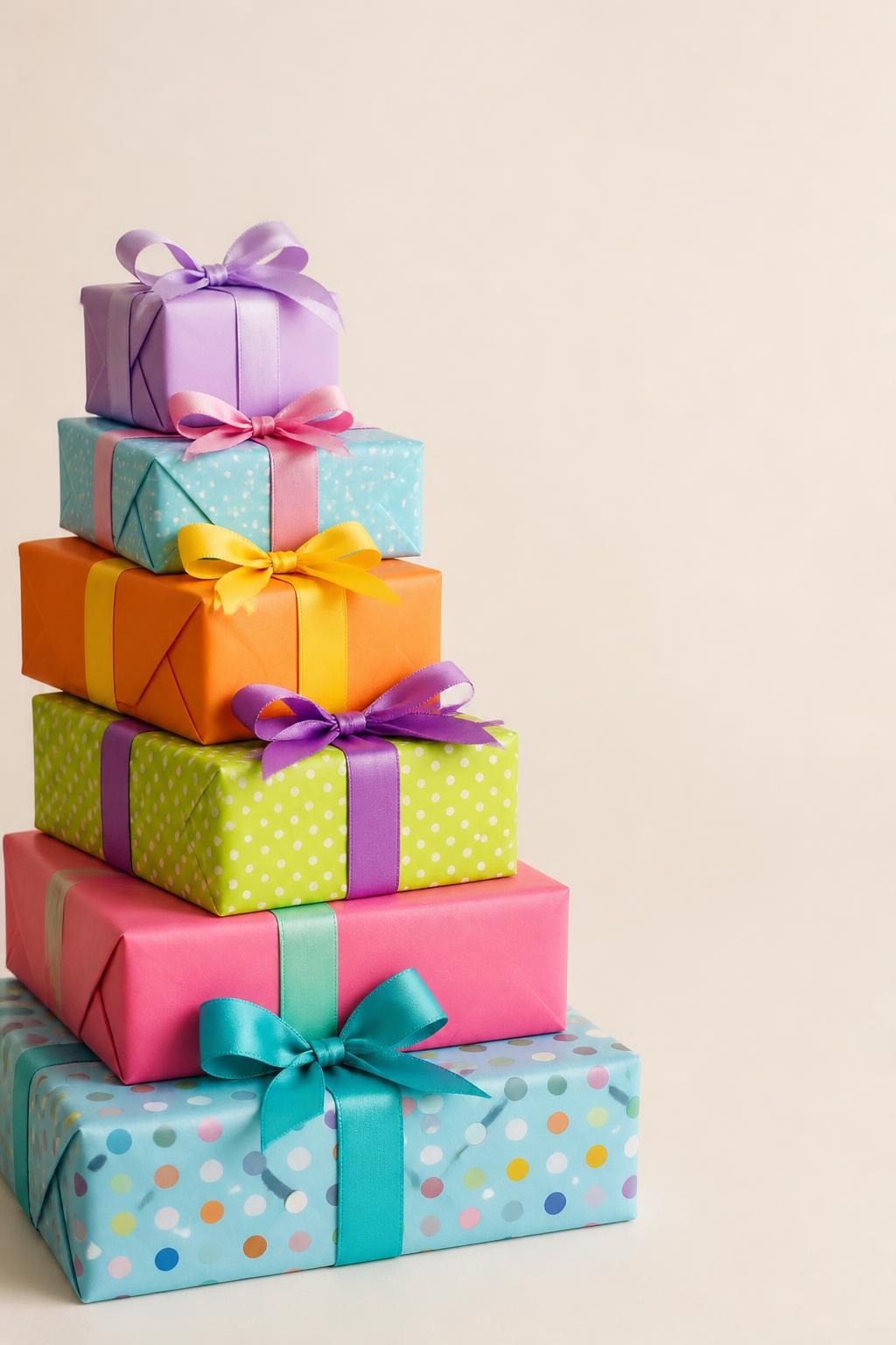 Stacked colorful gift boxes with ribbons and bows on plain beige background