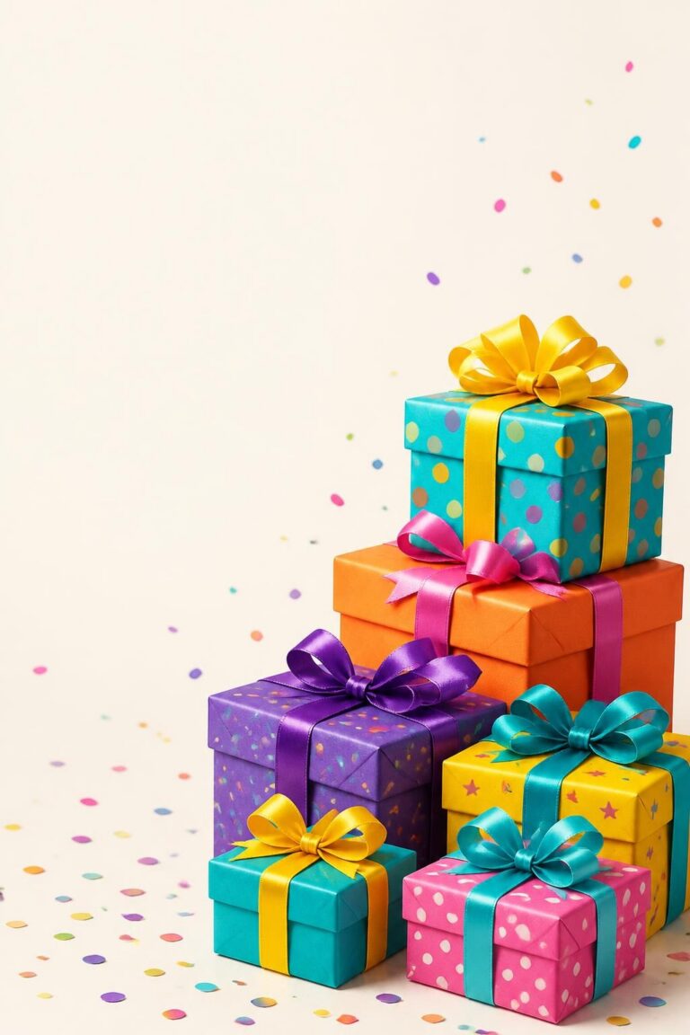 Stack of colorful gift boxes with satin ribbons and confetti on white background