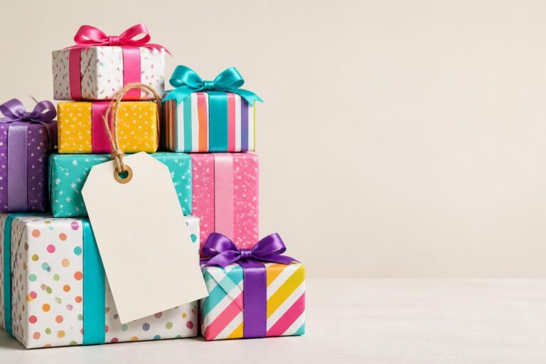 Stack of colorful wrapped birthday gift boxes with blank gift tag on neutral background