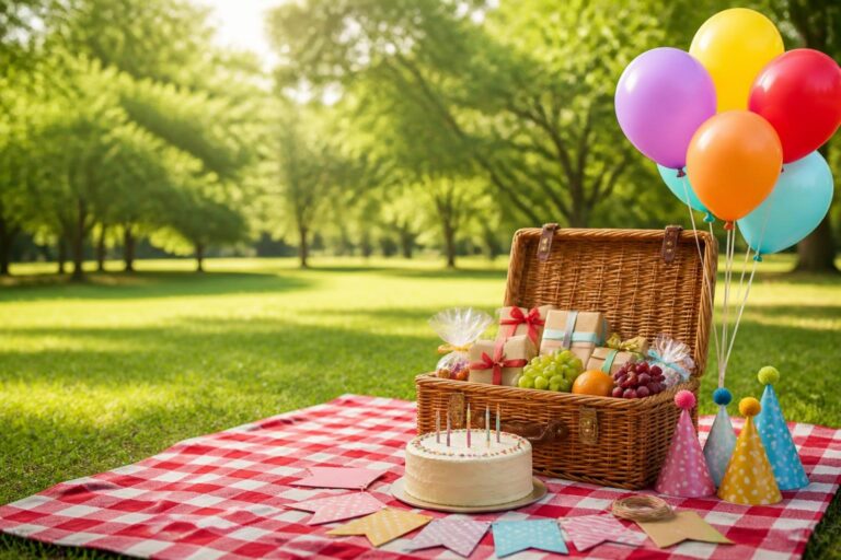 Picnic blanket in a park with a birthday cake, gifts, balloons, and party hats for an outdoor birthday party