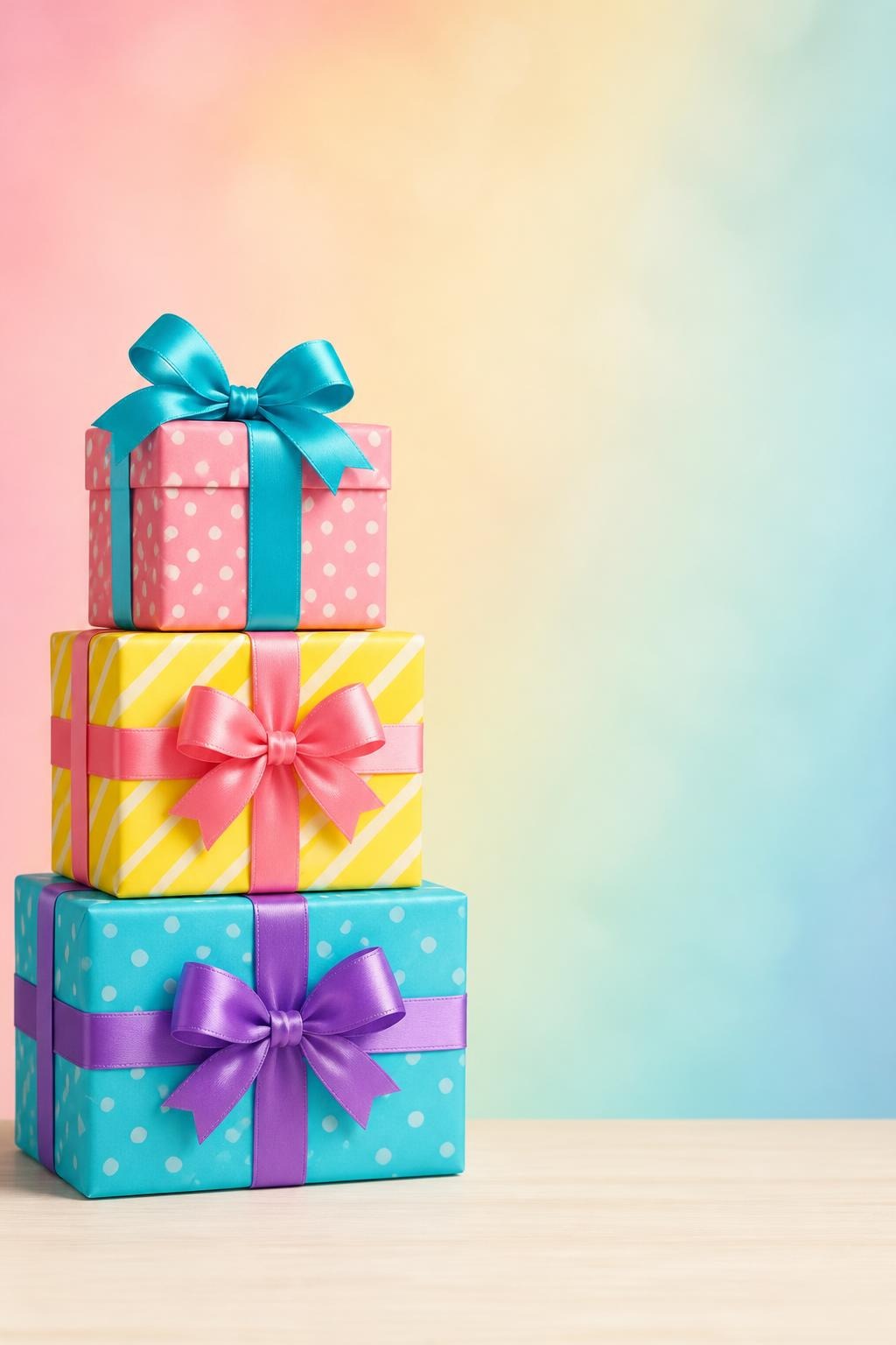 Three colorful gift boxes stacked with ribbon bows on pastel gradient background