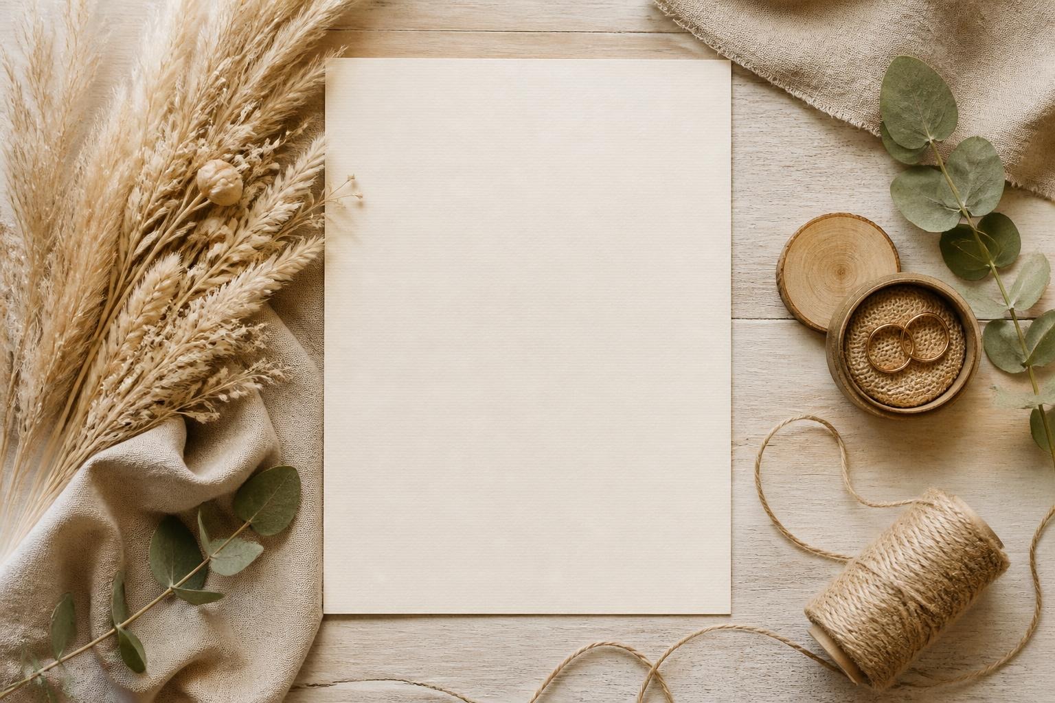 Blank cream paper with dried grass, eucalyptus, wedding rings in wooden box, twine, and beige cloth on wooden surface.