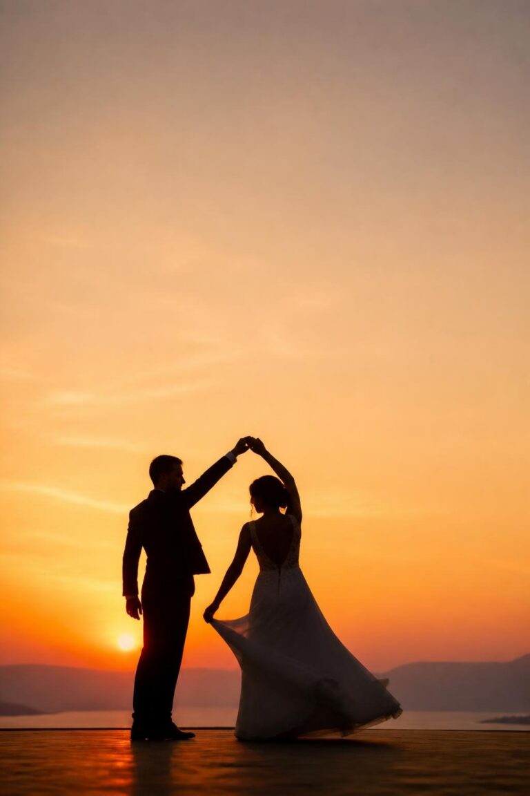 Silhouette of bride and groom dancing with sunset sky