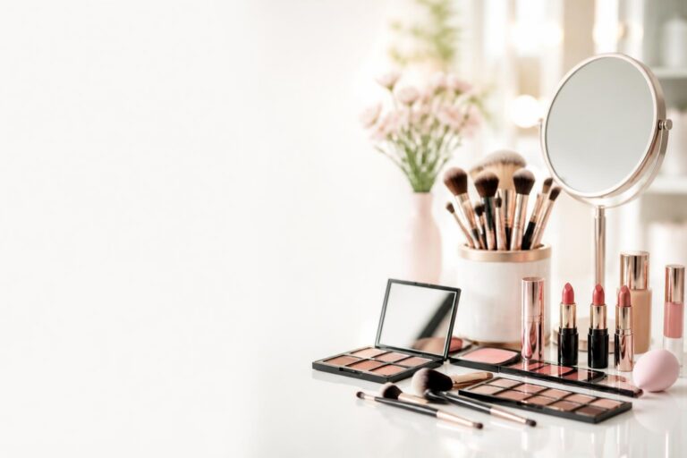 Makeup brushes, eyeshadows, lipsticks, foundation, and a round mirror on a white vanity with flowers blurred in background