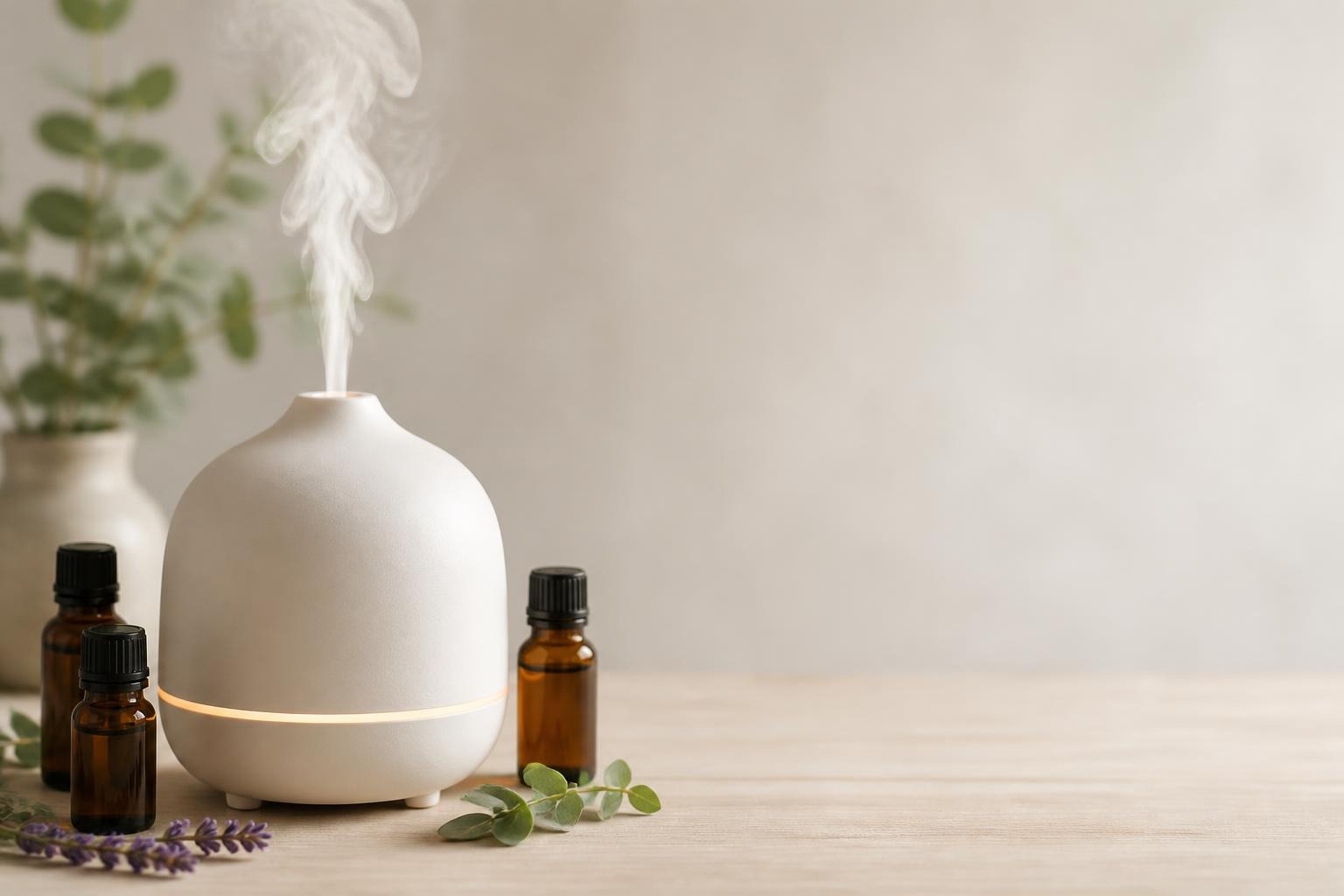 White ceramic essential oil diffuser with mist and amber essential oil bottles on wooden table