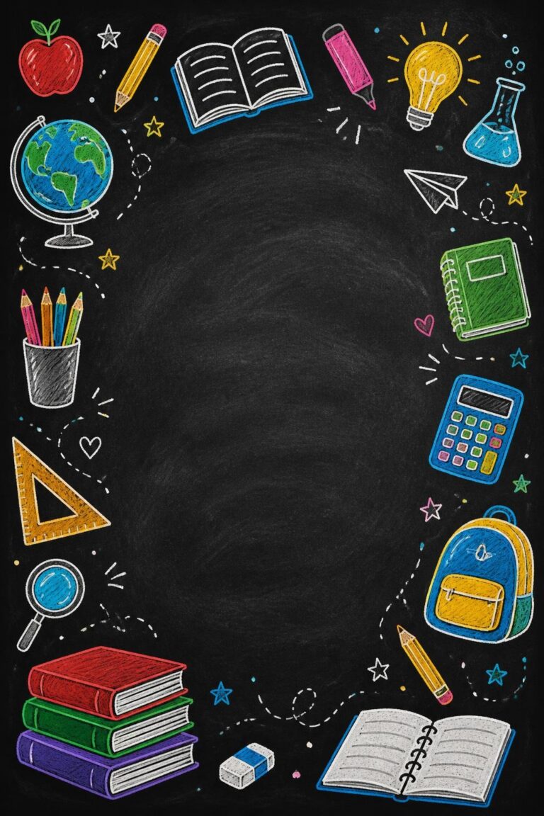 Black chalkboard with colorful chalk-drawn school supplies around the border