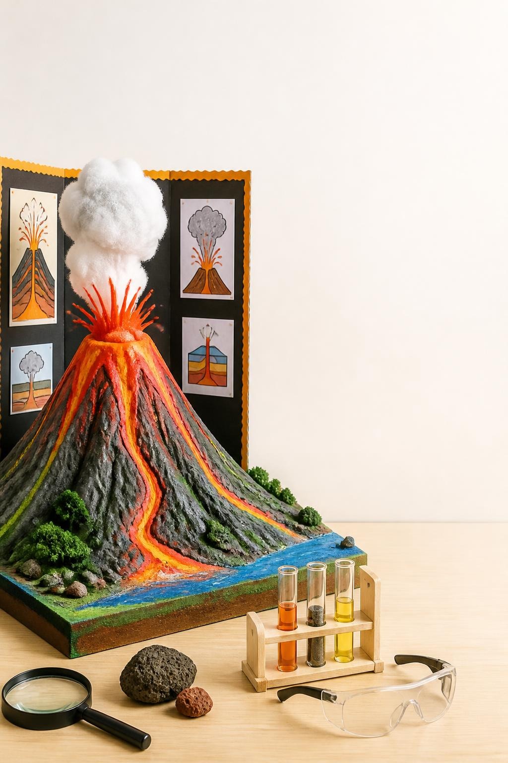 Erupting handmade volcano model with smoke, test tubes, magnifying glass, safety glasses, and display board with volcano drawings.