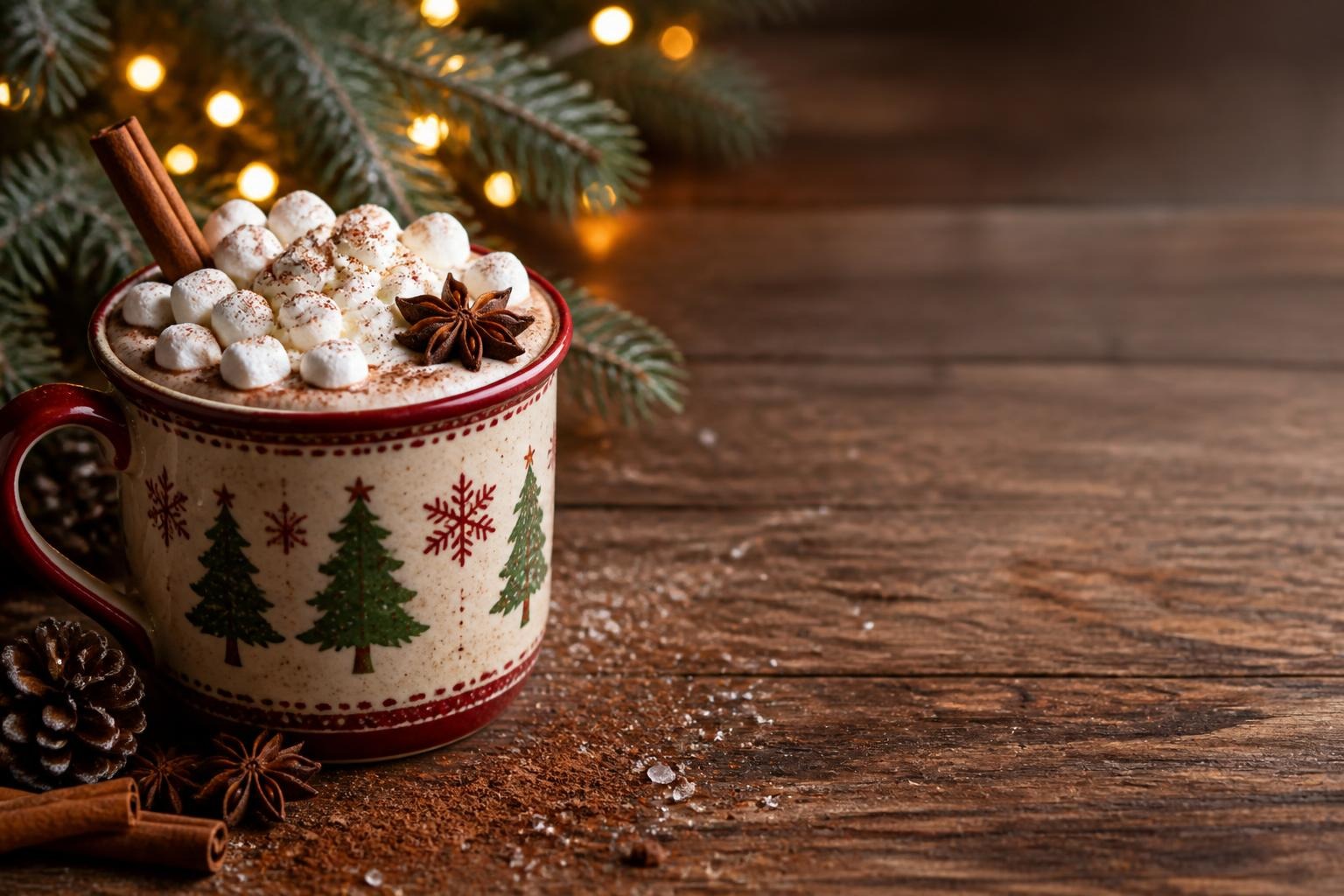 Ceramic Christmas mug filled with hot chocolate and marshmallows on wooden table with festive lights and evergreen branches