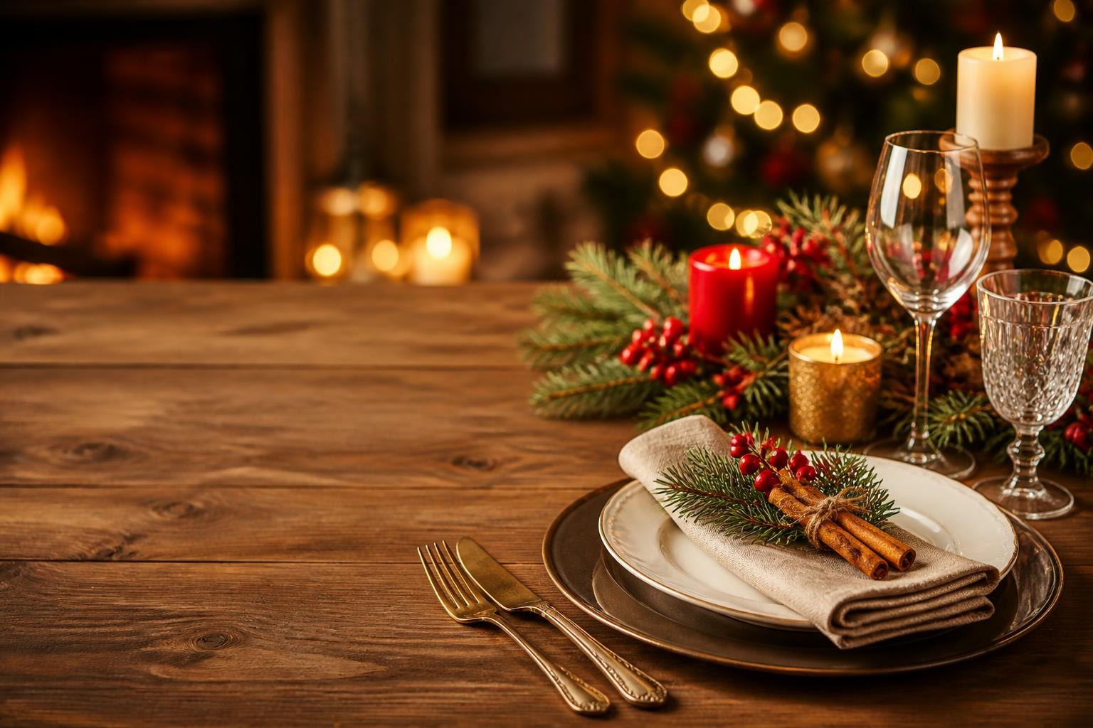 Christmas table setting with plates, napkin, cinnamon sticks, pine sprigs, berries, candles, and a lit fireplace in the background