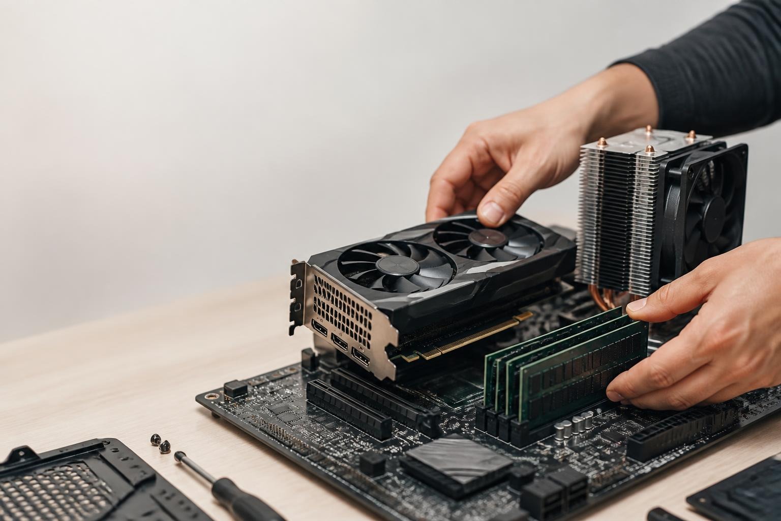 Person installing a graphics card and RAM onto a motherboard on a desk