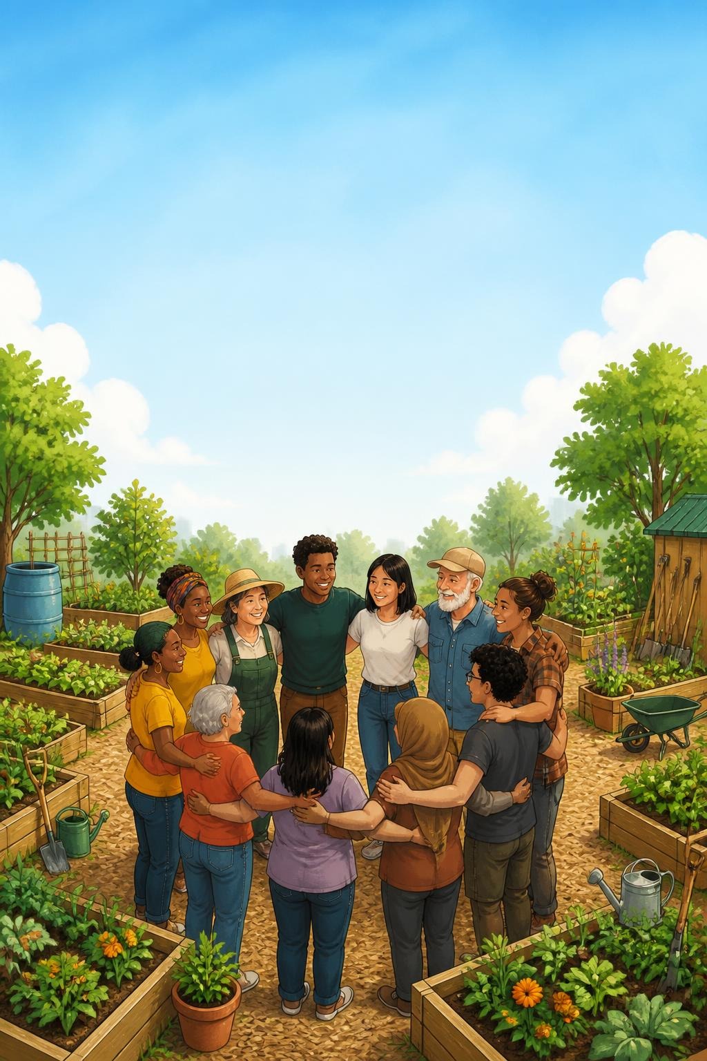Group of diverse people in a circle embracing in a community garden with raised beds and gardening tools.