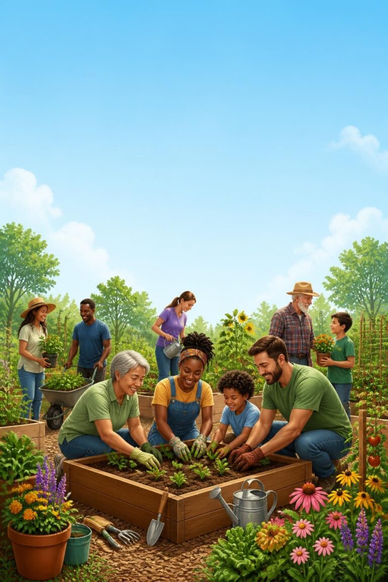 Diverse group of people planting and watering vegetables in a sunny community garden with flowers and trees