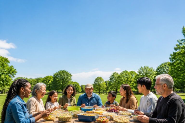 Multigenerational diverse family sitting around picnic table with food outdoors in sunny park