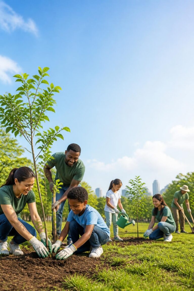 Family and community members planting trees in a park on a sunny day.