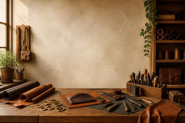 Leather crafting workspace with tools, rolls of leather, and handmade leather goods on wooden table