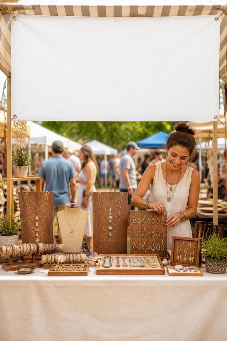 Woman arranging handmade jewelry at outdoor market stall with displays of necklaces, bracelets, and earrings