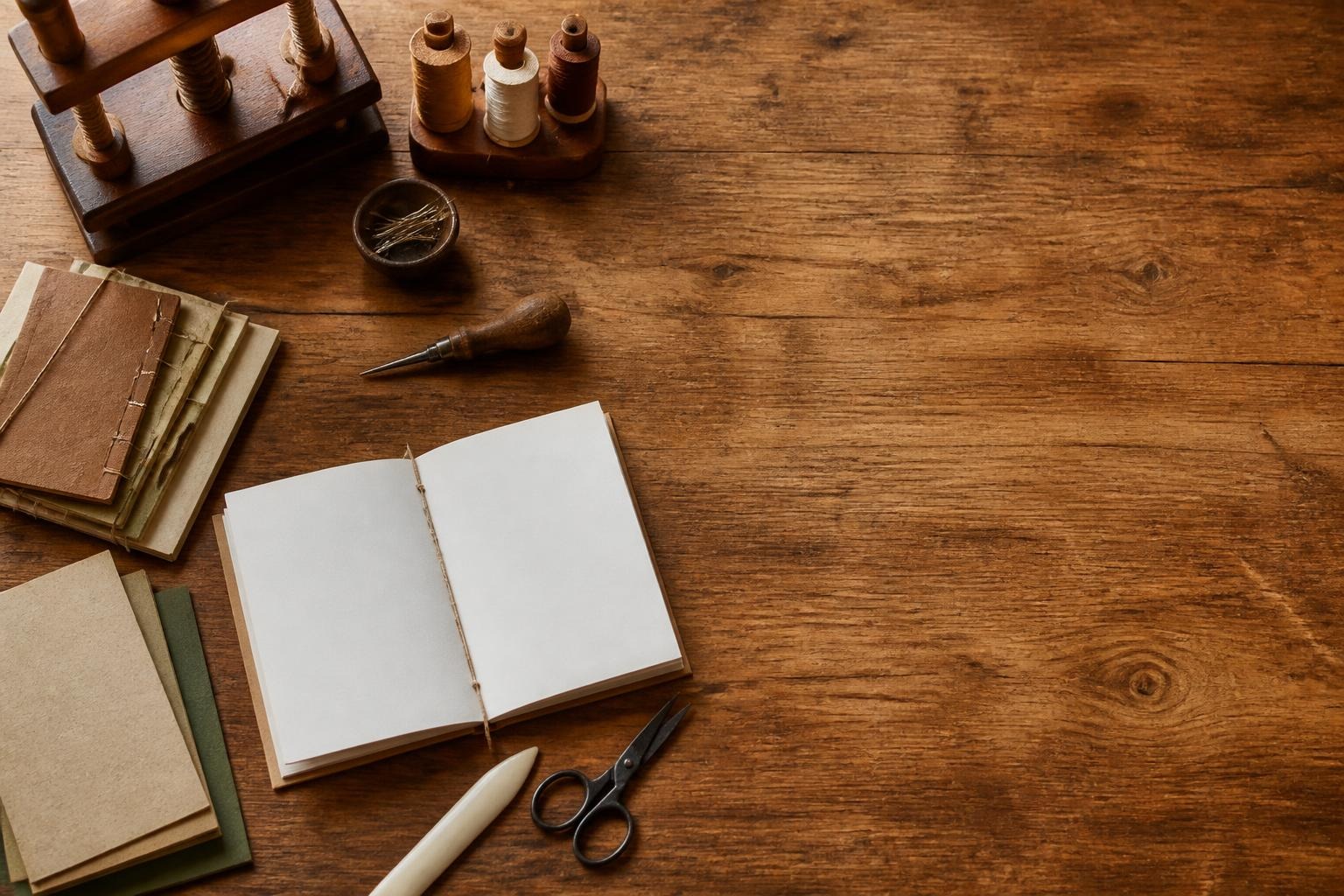 Open blank book with handmade notebooks, scissors, thread spools, and bookbinding tools on wooden surface