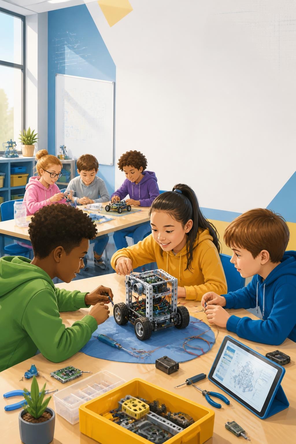 Children in colorful hoodies working together building a robot and electronic devices at a classroom table with tools and tablet.