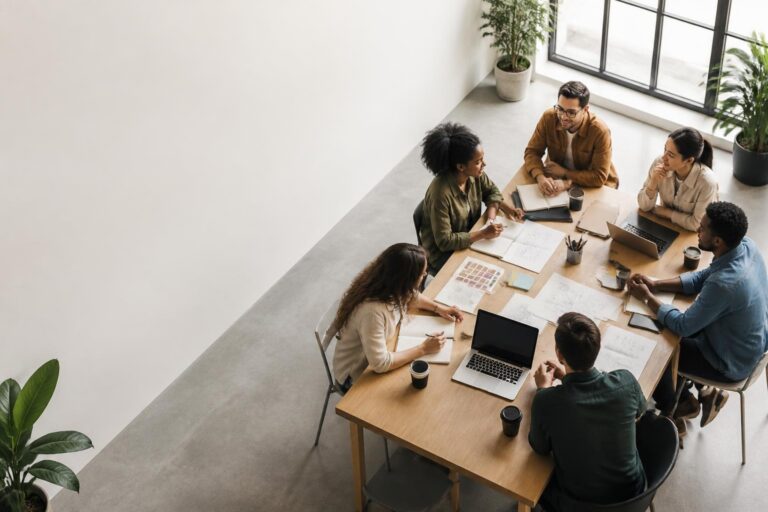 Five people sitting around a table in a bright office working together with notebooks, laptops, and papers.
