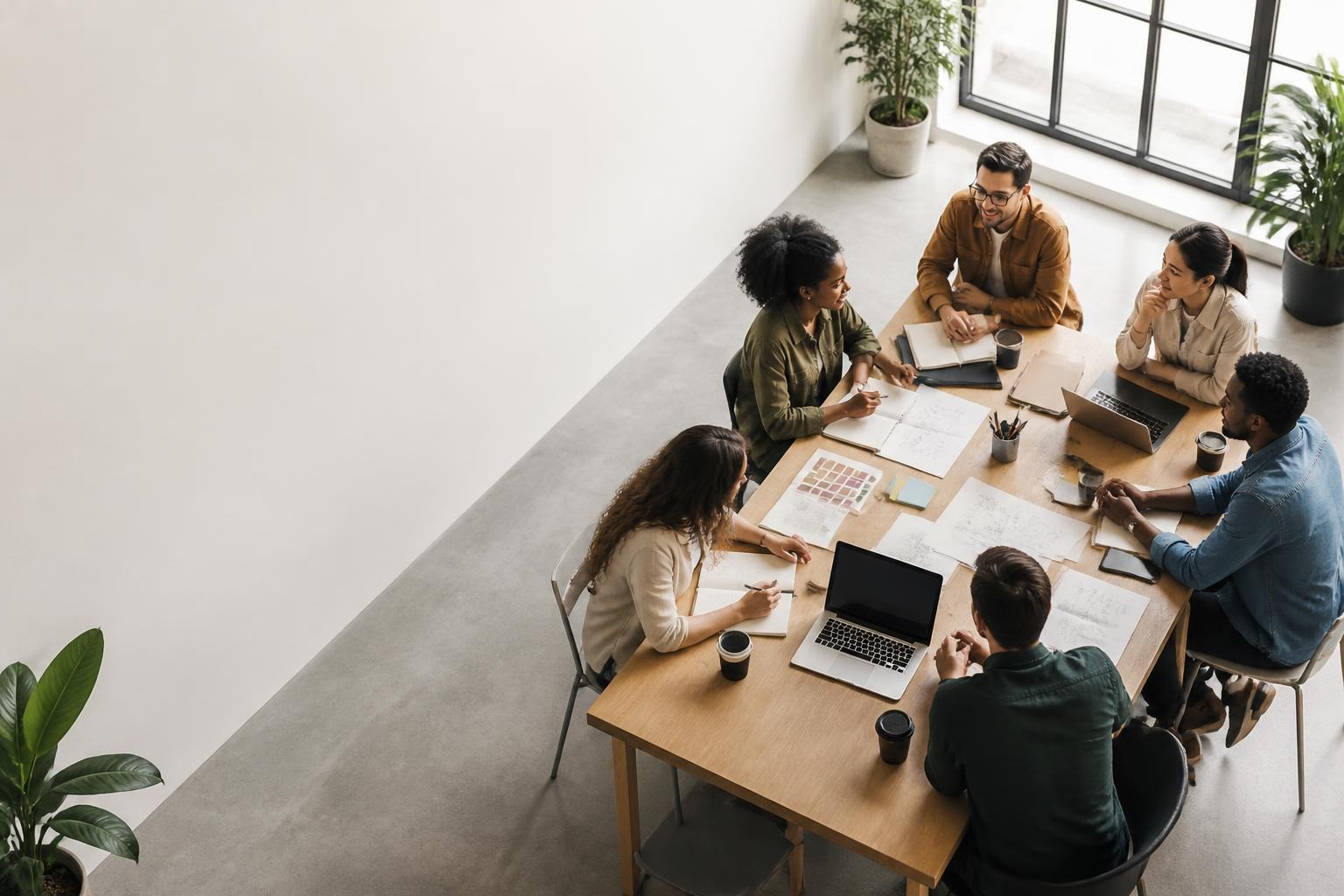 Five people sitting around a table in a bright office working together with notebooks, laptops, and papers.