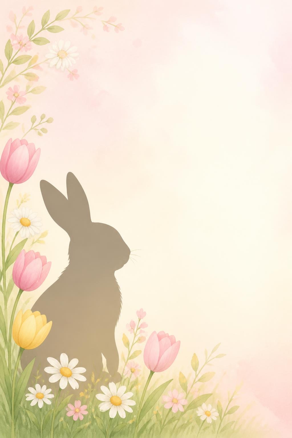 Silhouette of a bunny surrounded by pink tulips, daisies, and green foliage on a pastel pink background
