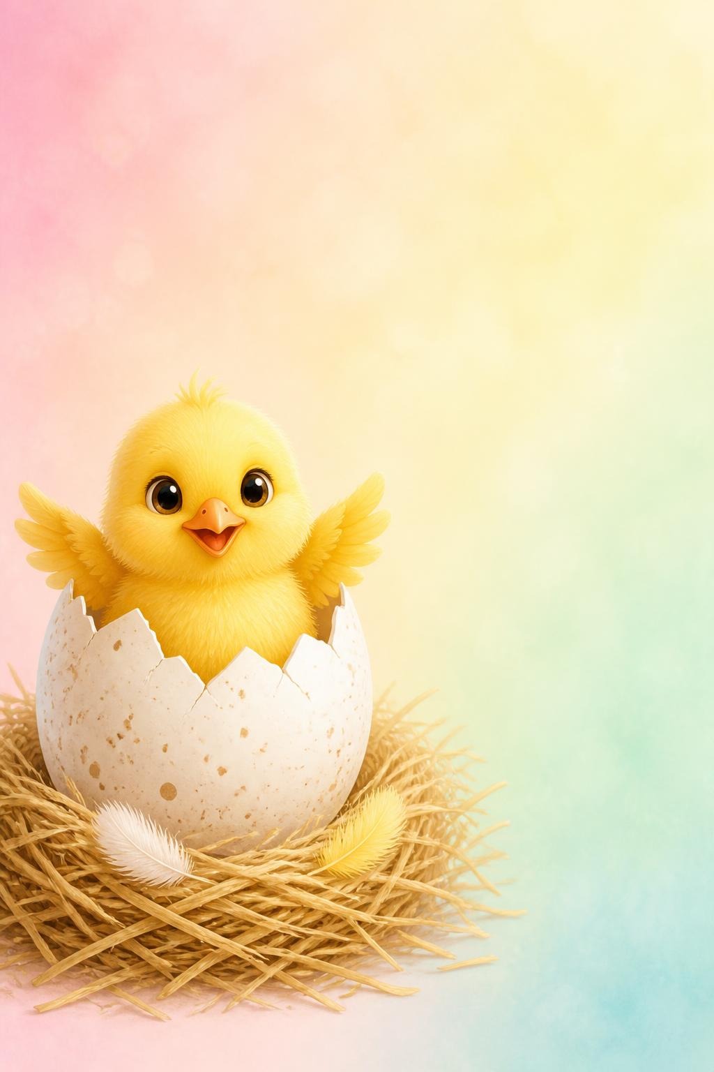 Yellow chick emerging from cracked eggshell in straw nest on pastel background