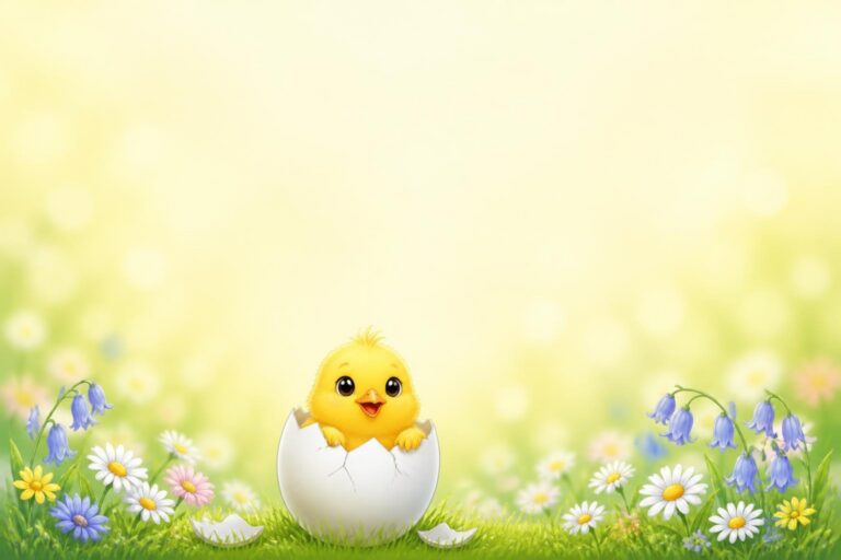 Yellow chick emerging from cracked eggshell surrounded by green grass and colorful flowers