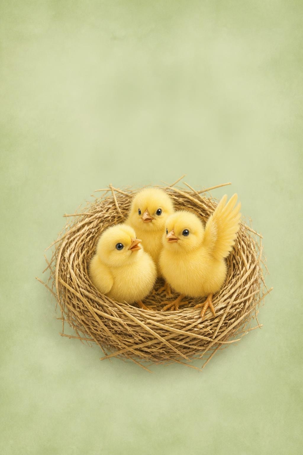 Three fluffy yellow chicks sitting in a round straw nest on a soft green background