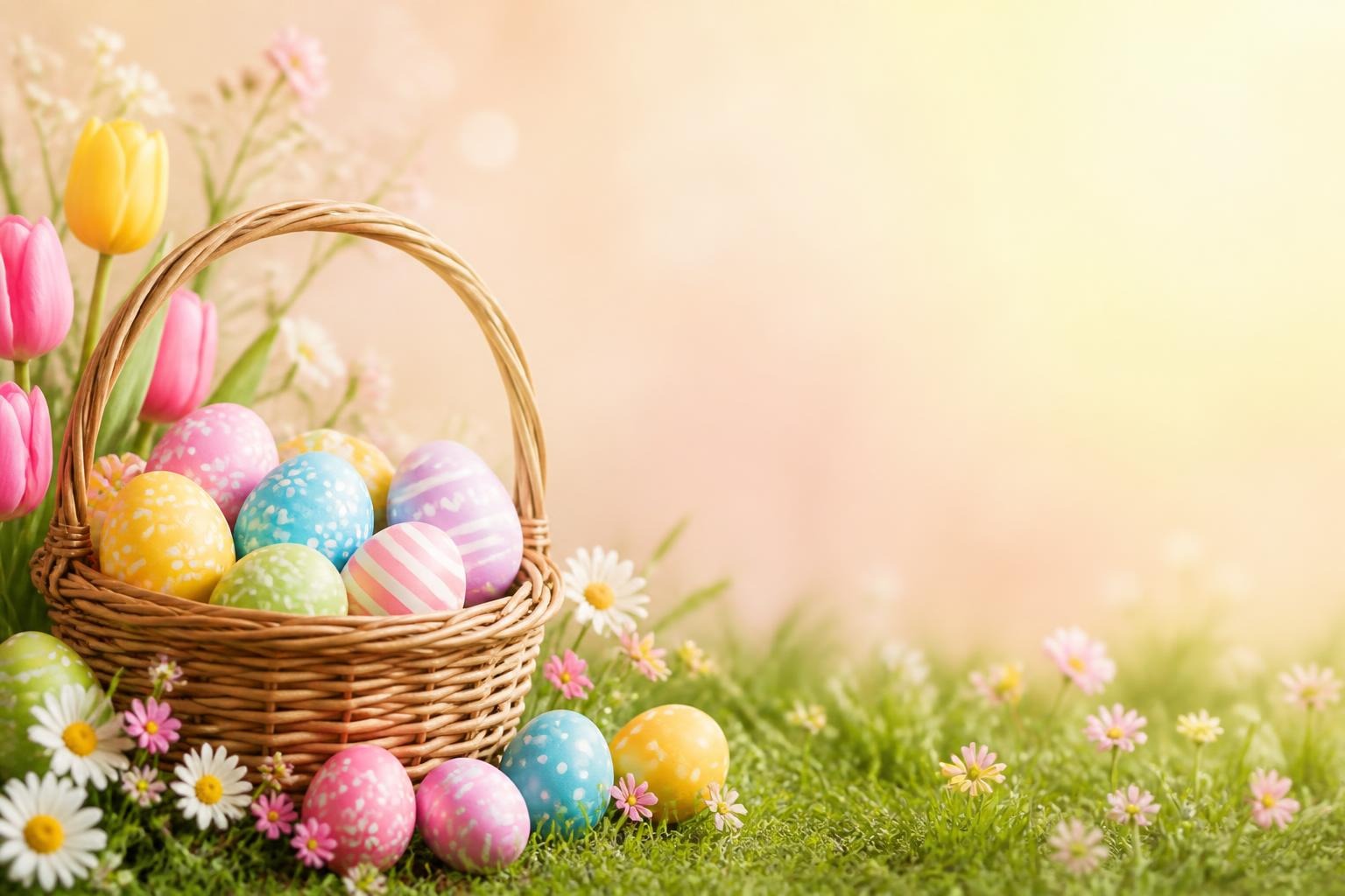 Wicker basket filled with colorful painted Easter eggs on grass with flowers and spring light background.