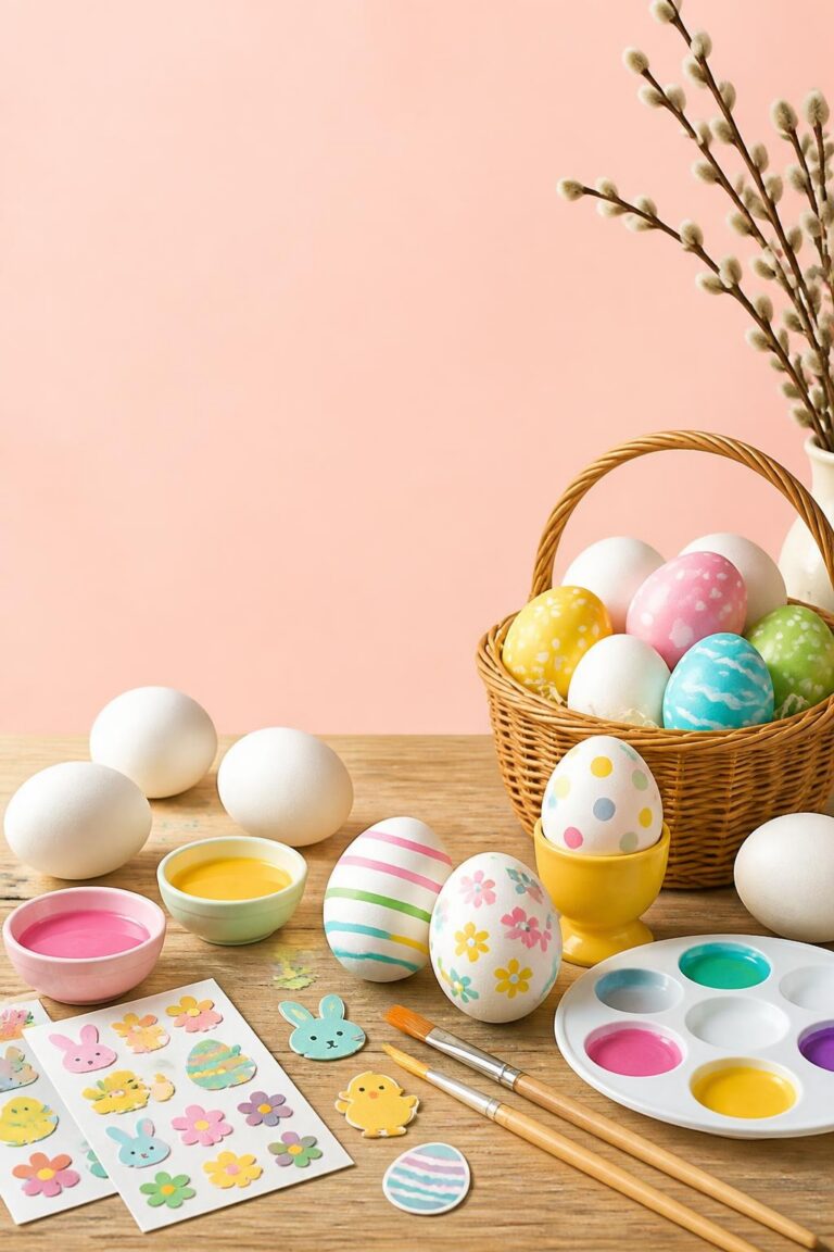 Colorful hand-painted Easter eggs in basket with white eggs, paintbrushes, paints and Easter stickers on wooden table