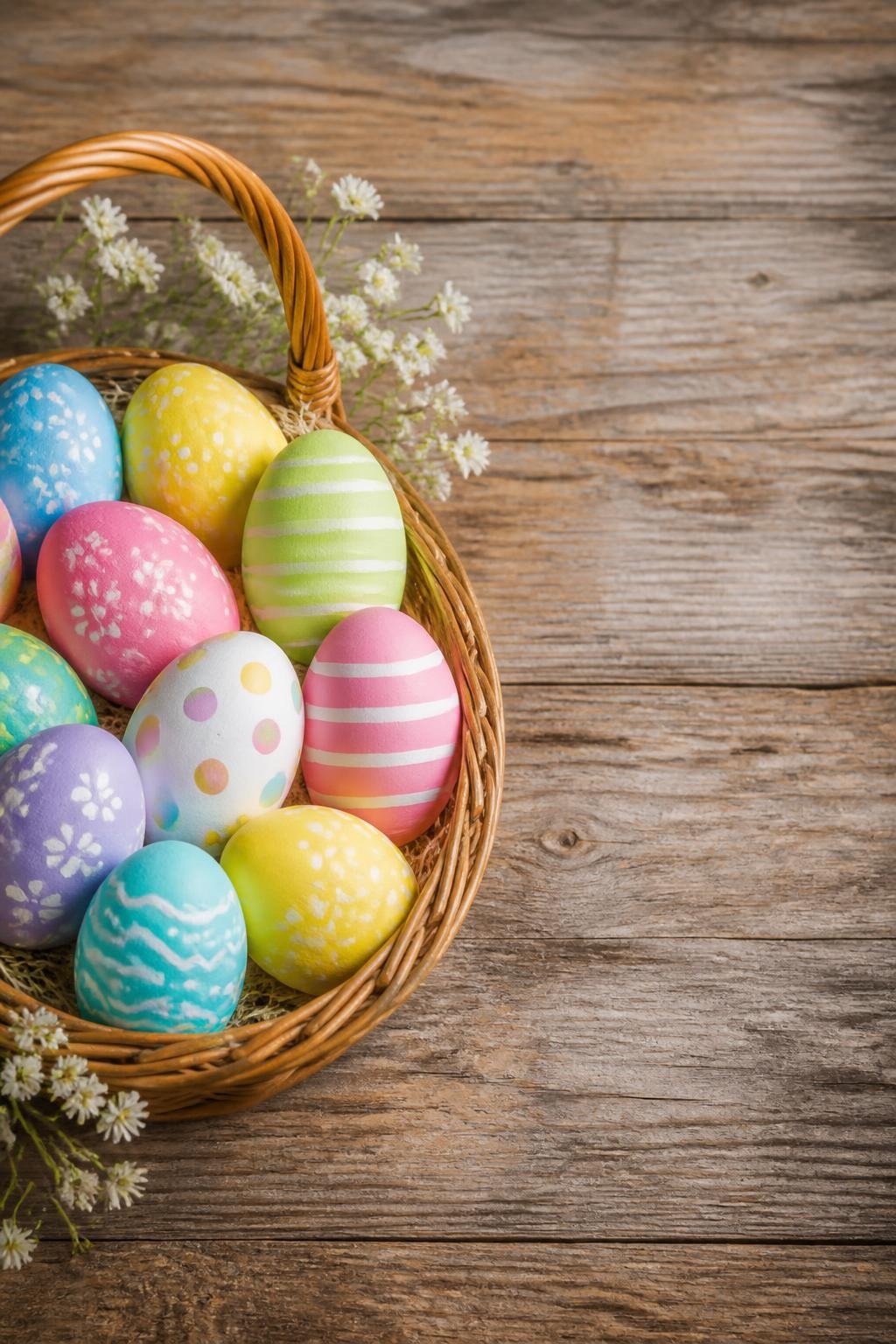 Basket with colorful decorated Easter eggs and small white flowers on wooden table