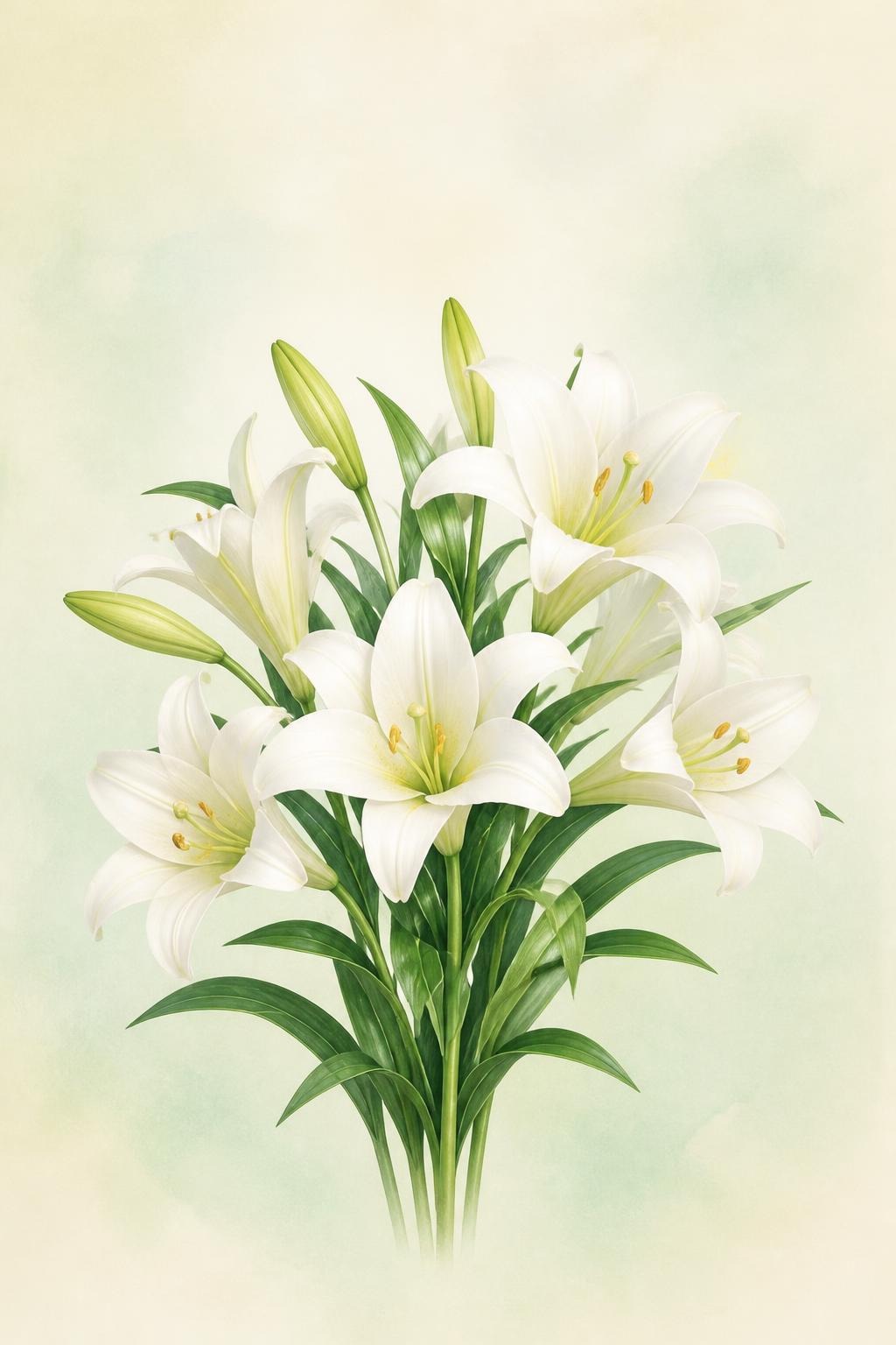 Bouquet of white lilies with green leaves on pale cream and green background