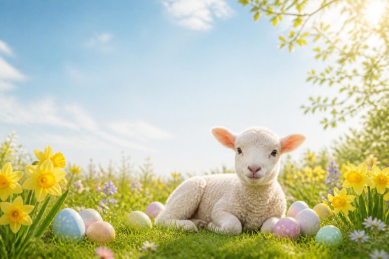 White lamb lying on grass with colorful Easter eggs and yellow daffodils under a blue sky