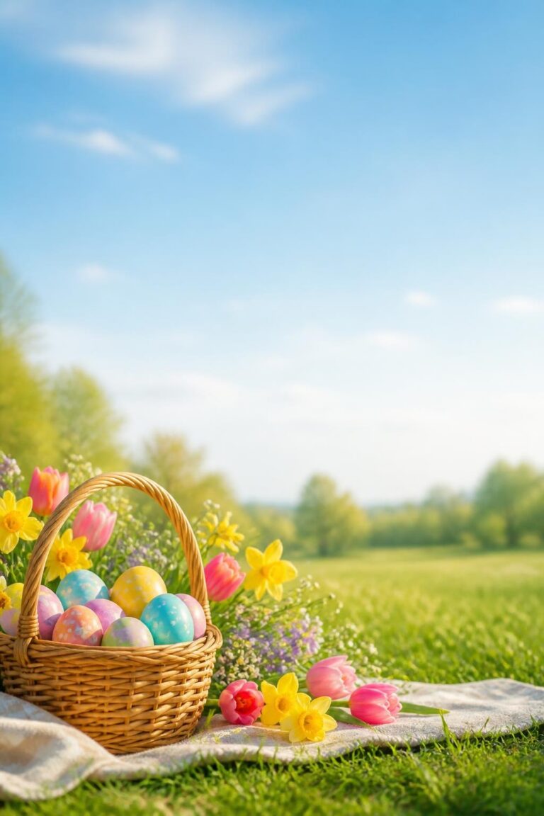 Wicker basket with pastel Easter eggs on blanket surrounded by daffodils and pink tulips in grassy field under blue sky
