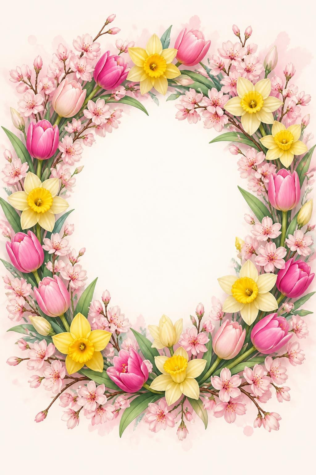 Floral wreath with pink tulips, yellow daffodils, and cherry blossoms on a soft light background