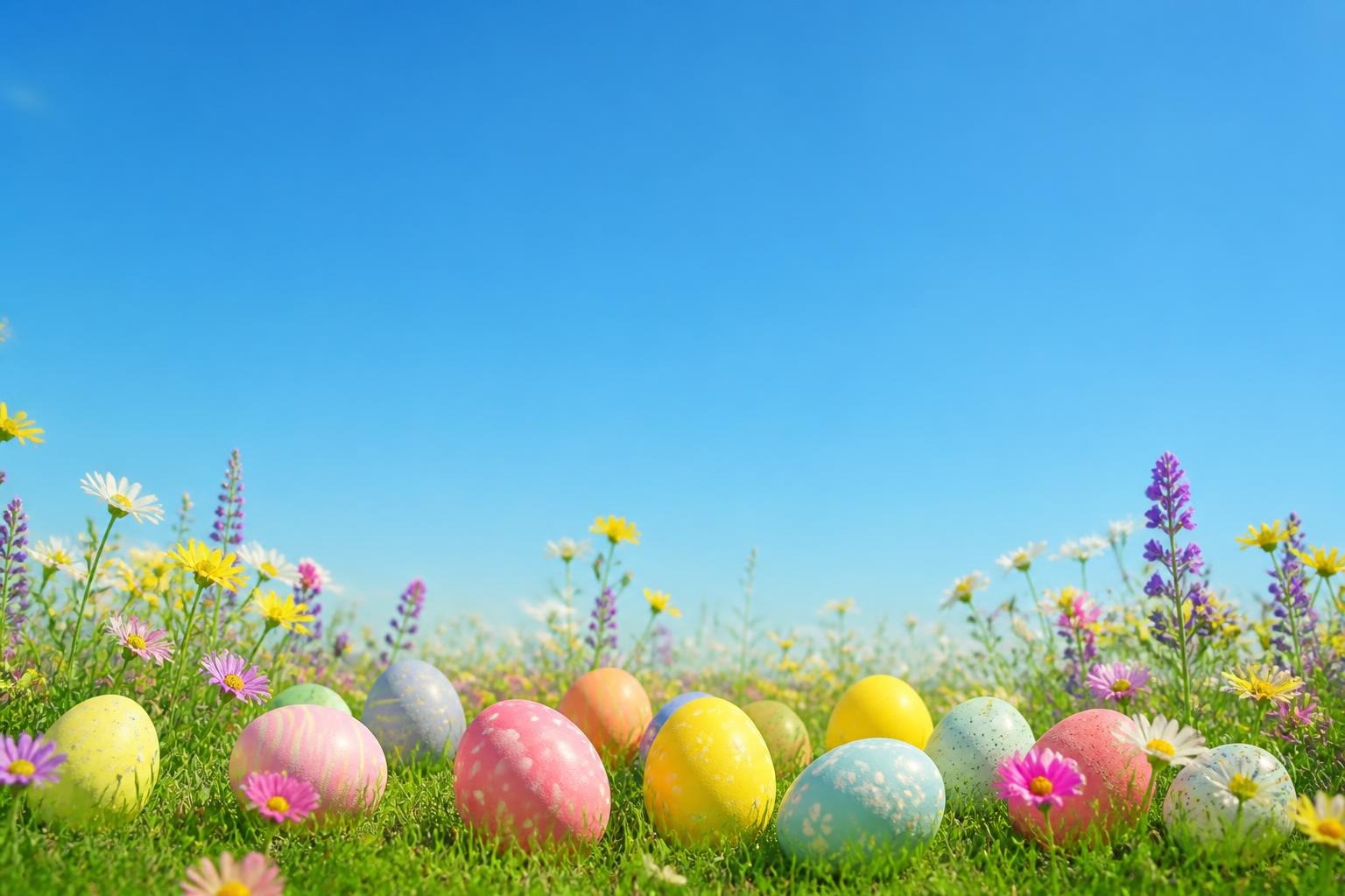 Assorted pastel Easter eggs on grass with wildflowers and blue sky background