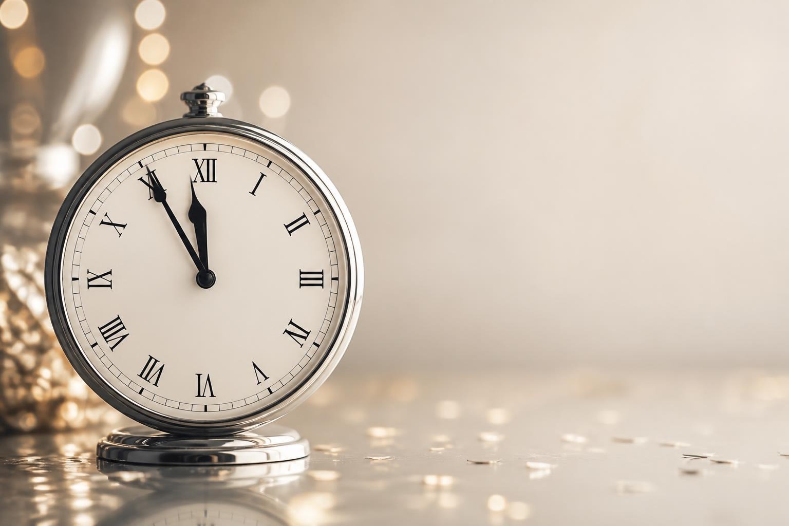 Silver clock with Roman numerals showing 11:59 on a reflective surface with golden confetti and soft lights