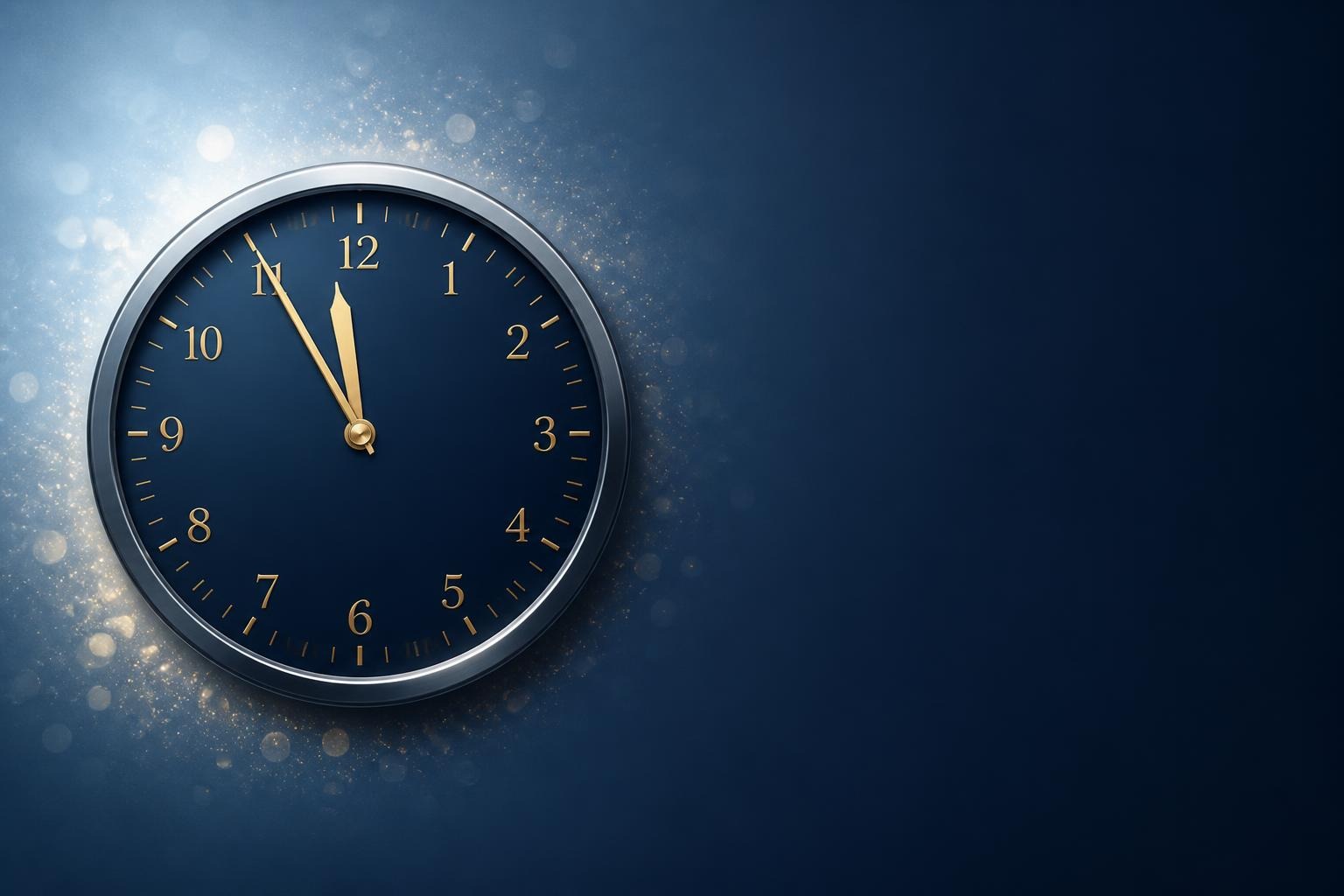 Dark blue clock showing midnight with gold hands and numbers surrounded by golden sparkles on gradient blue background