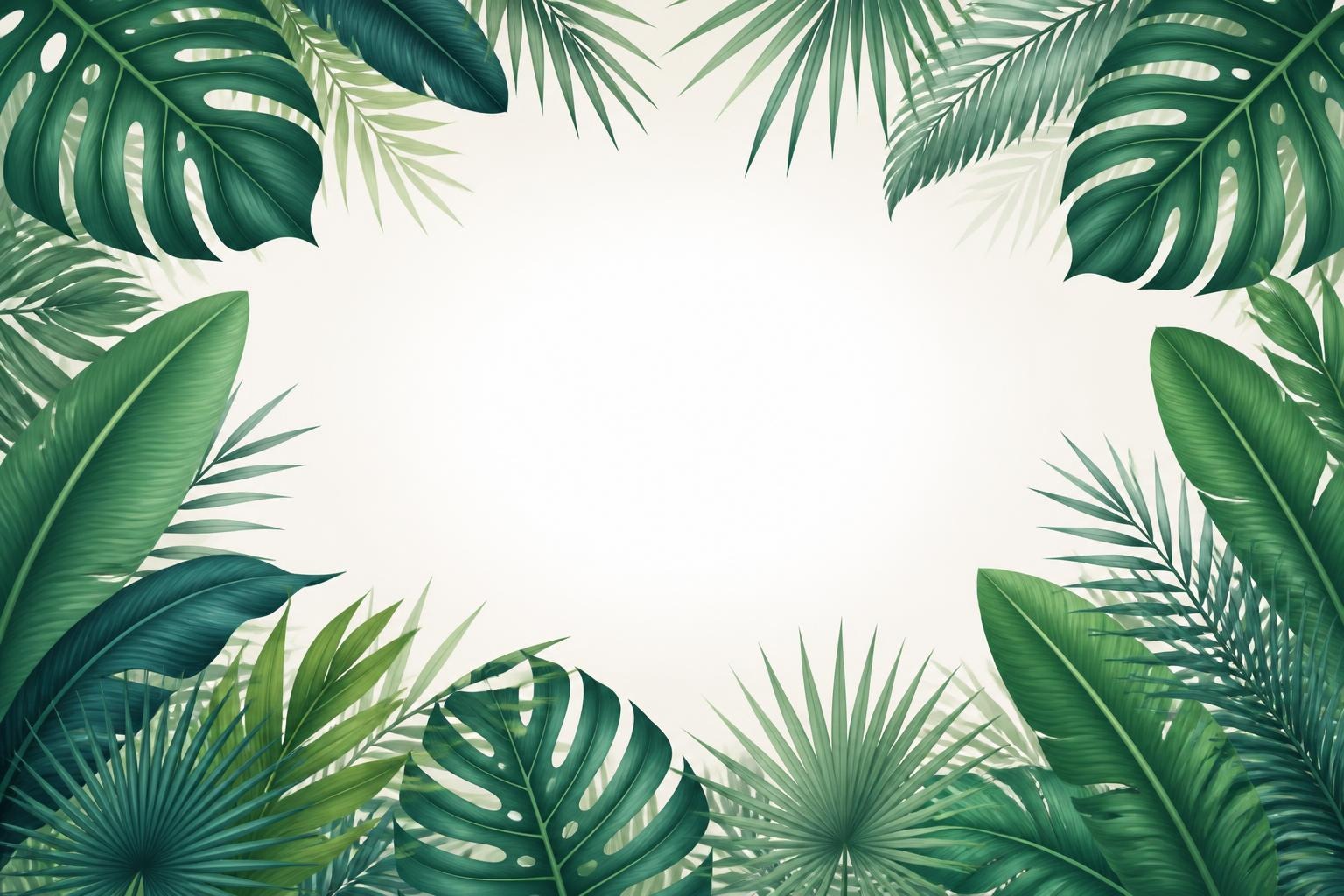 Tropical green leaves arranged around a light beige central background