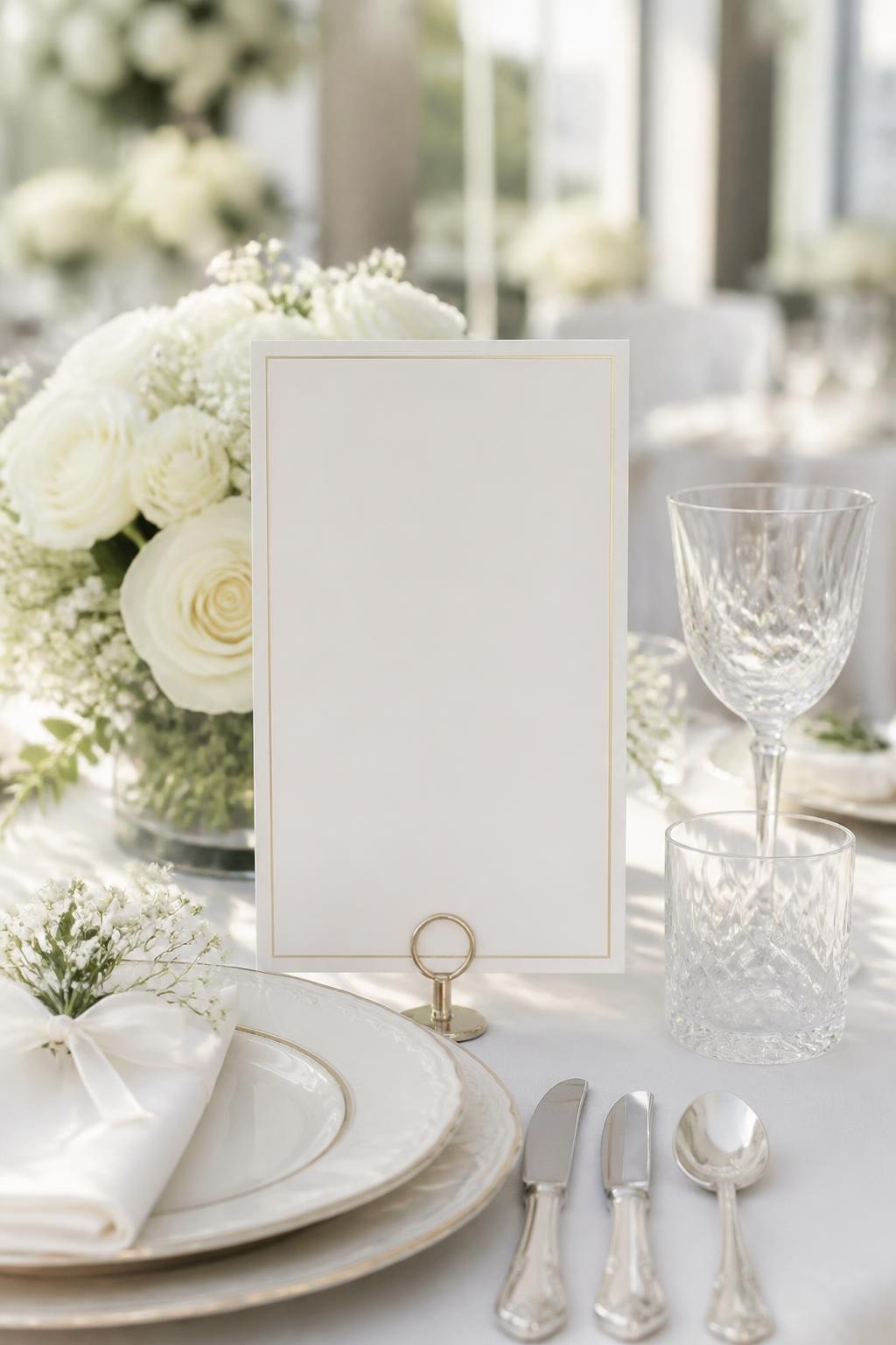 Blank card on elegant white and gold wedding table setting with flowers and crystal glassware