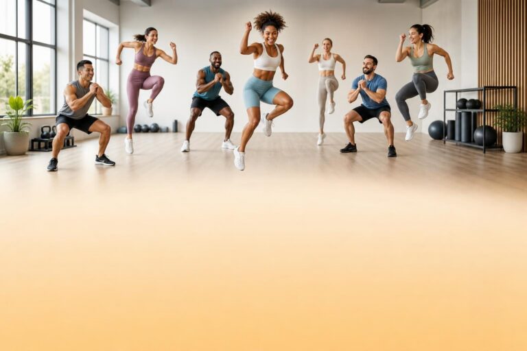 Diverse men and women doing jumping exercises in a bright fitness studio during a group workout class.