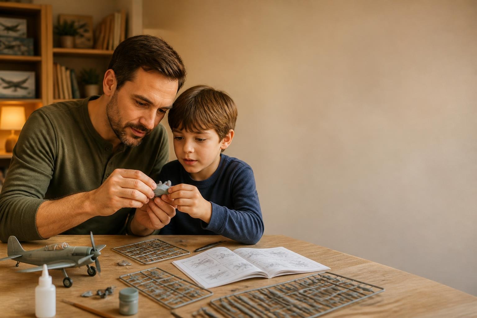 Father and son putting together parts of a model airplane at wooden table with instructions and glue