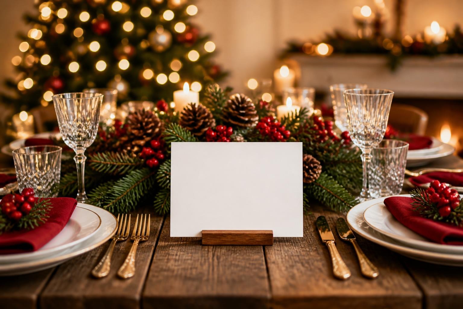 Christmas table setting with blank card holder and festive decorations on rustic wooden table