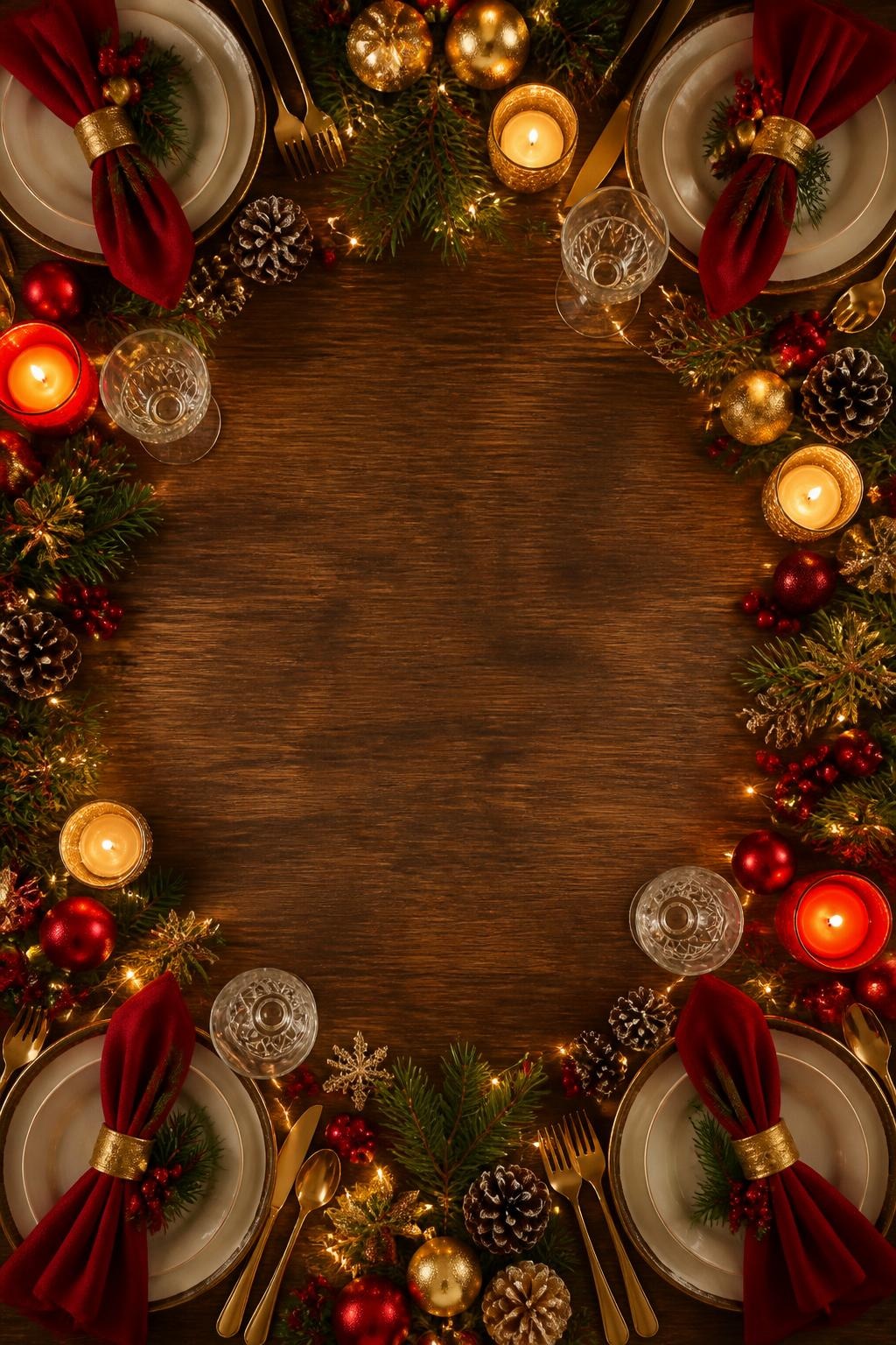 Top view of a Christmas dinner table with red napkins, candles, pine cones, baubles, and gold cutlery on wooden table