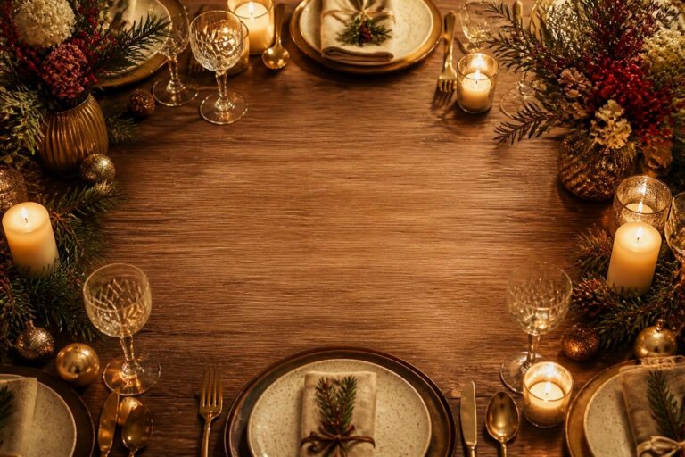 Festive wooden table with plates, napkins, pine decoration, crystal glasses, candles, and holiday floral arrangements