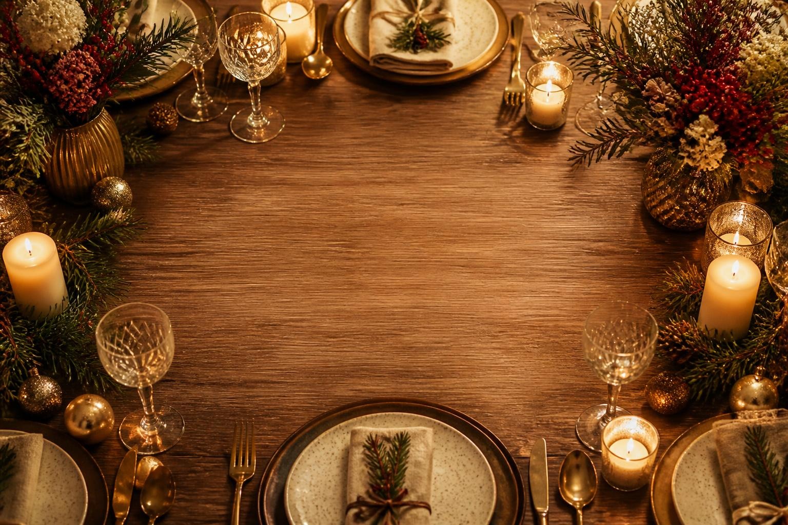 Festive wooden table with plates, napkins, pine decoration, crystal glasses, candles, and holiday floral arrangements