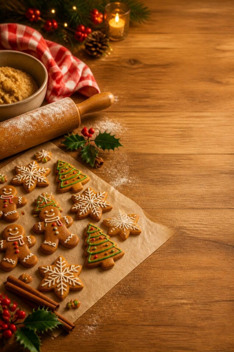 Gingerbread men, Christmas tree, and snowflake cookies on parchment paper with rolling pin, cinnamon sticks, holly, and candle on a wooden table.